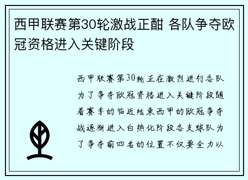 西甲联赛第30轮激战正酣 各队争夺欧冠资格进入关键阶段