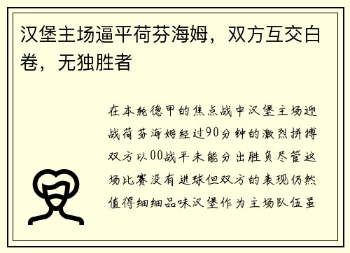 汉堡主场逼平荷芬海姆，双方互交白卷，无独胜者