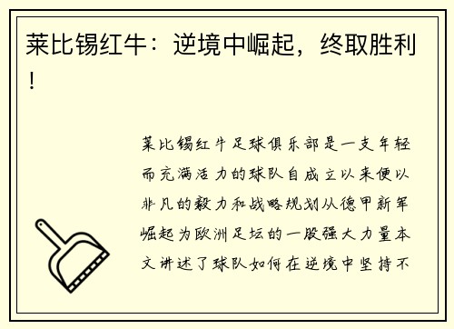 莱比锡红牛：逆境中崛起，终取胜利！